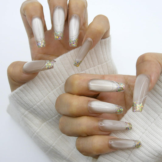 Cat Eye French Tip Press On Nails，Long Stiletto Fake Nails，Glossy and Bling Glitter.With Glue Tabs - 10Pcs Nail Kit for Women Girls Elegant & Durable Artificial Nails for Instant Manicure.