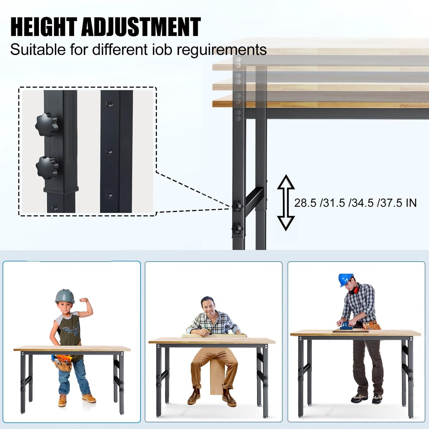 48" Workbench Desk with Power Outlets, Adjustable Height Rubber Wood Top Heavy-Duty Work Table, 2000 LBS Load Capacity Work Station for Garage, Workshop, Office, Home