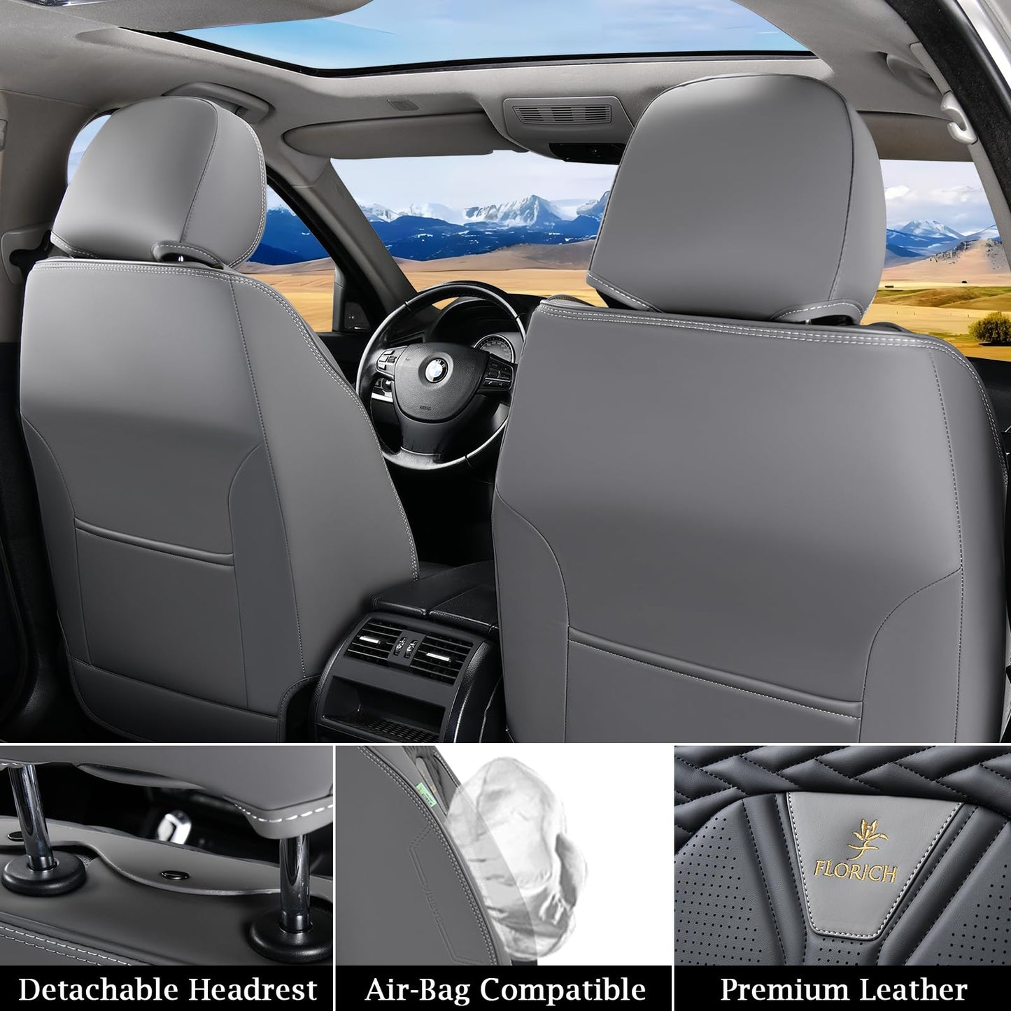 FLORICH Leather Seat Covers, Seat Covers Full Set, Car Seat Protectors 5 Seats, Automotive Seat Covers Fit for Most Cars Trucks SUV- Gray&Black