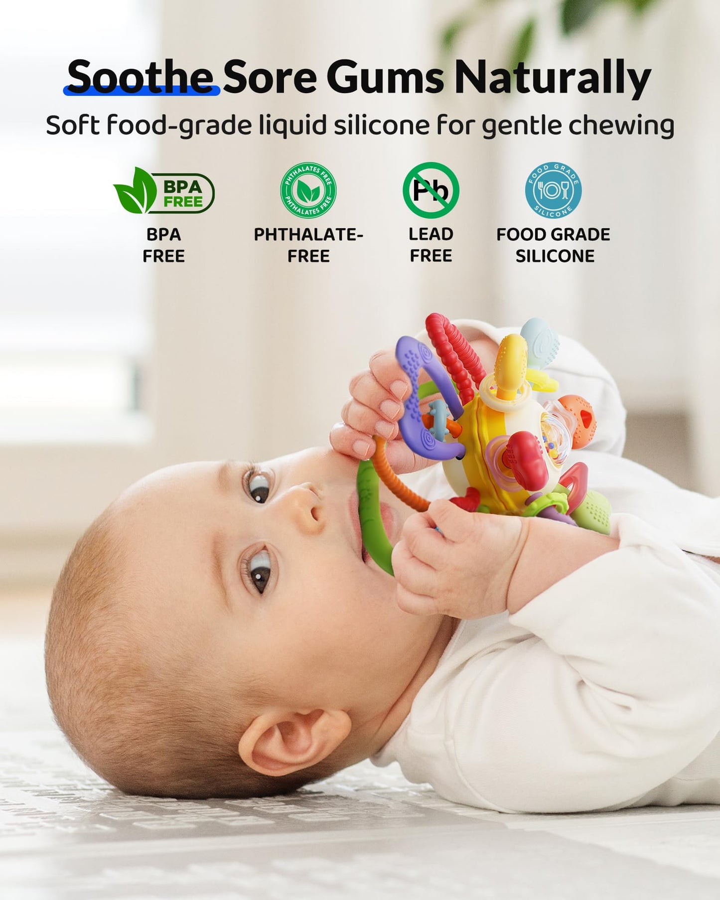 Baby Montessori Sensory Teething Toy – Safe, Multi-Functional BPA-Free Silicone Teether Toy for Babies 0-12 Months – Vibrant Rattle for Teething Relief & Fun Play – Perfect Baby Toys for Boys & Girls