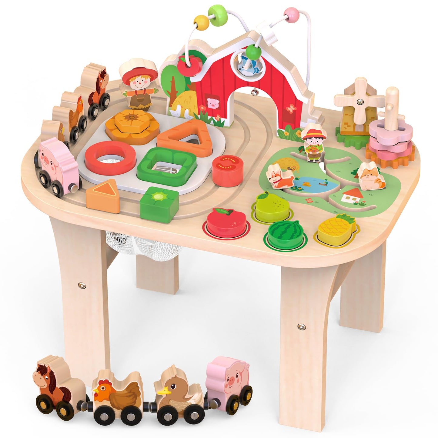 Kids Wooden Farm Activity Table for 1 2 3 Years Old, Montessori Learning Toy with Bead Maze, Shape Sorter & Animal Train, Sensory Development Toy for Toddlers, Educational Gift for Baby Boys Girls 1+