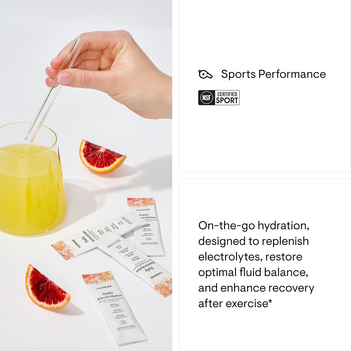 THORNE - Daily Electrolytes - Zero Sugar & Low-Calorie Electrolyte Drink Mix - Naturally Flavored & Sweetened - NSF Certified for Sport - Blood Orange - 30 Stick Packs