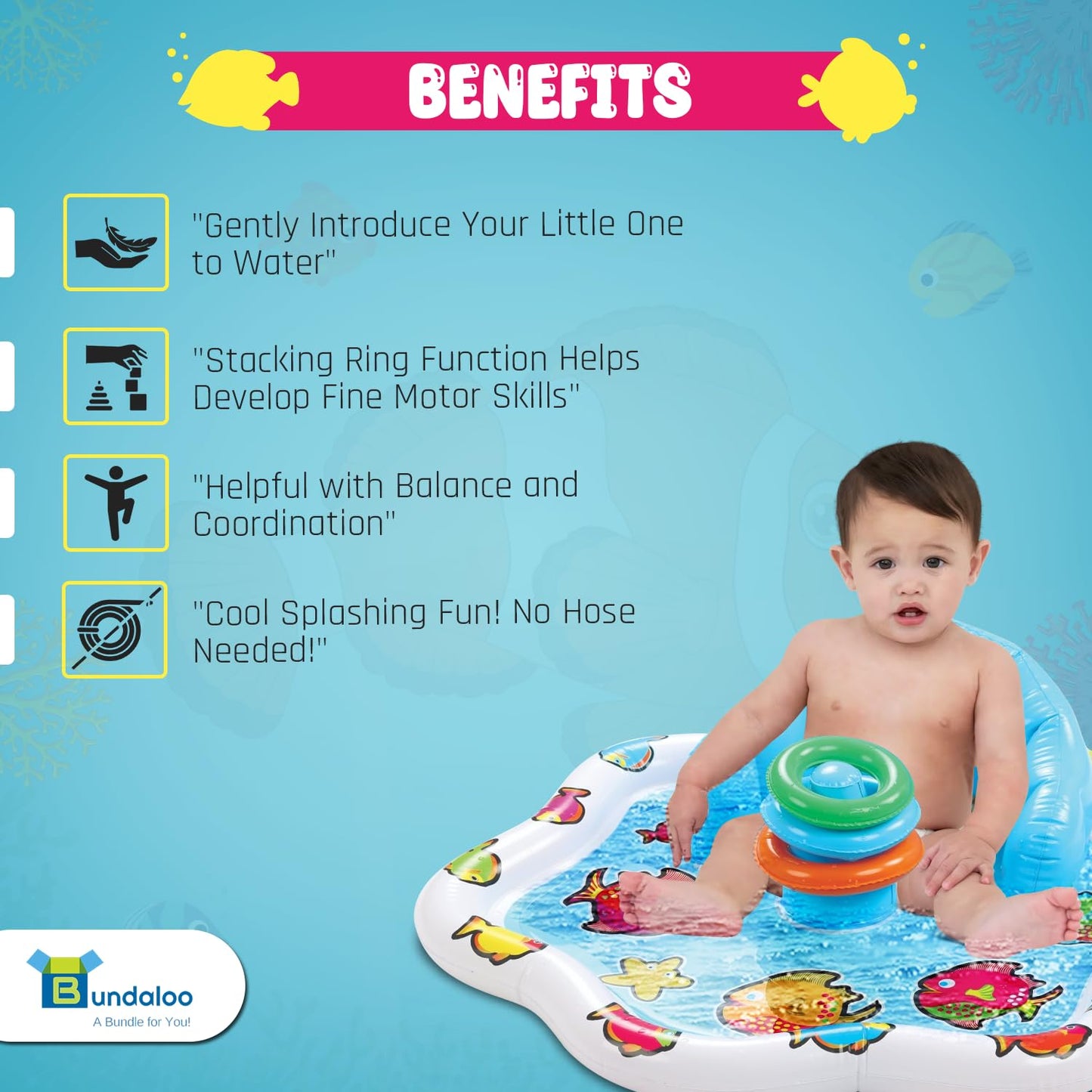 Bundaloo Baby Splash Pad with Inflatable Backrest and Stackable Ring Toys – Sensory Water Play Mat for Infants and Toddlers – Summer Outdoor Fun