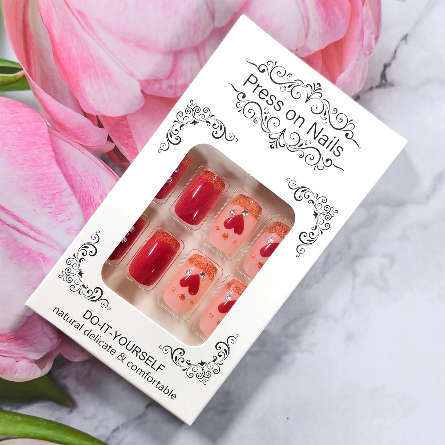 Valentines Press on Nails Short Square Artificial Acrylic Fingernails French Glitter Fake Nails Red Love with Rhinestones Coffin Nail Full Cover Glossy Heart Press Ons Nail Women Festival Manicure