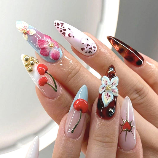 24pcs French Tip Press on Nails Medium Length Flower Embossed Fake Nails Cherry Design Glossy Almond False Nails Full Cover Press ons Simple Fashion Nail Tips Rhinestones Nails for Women