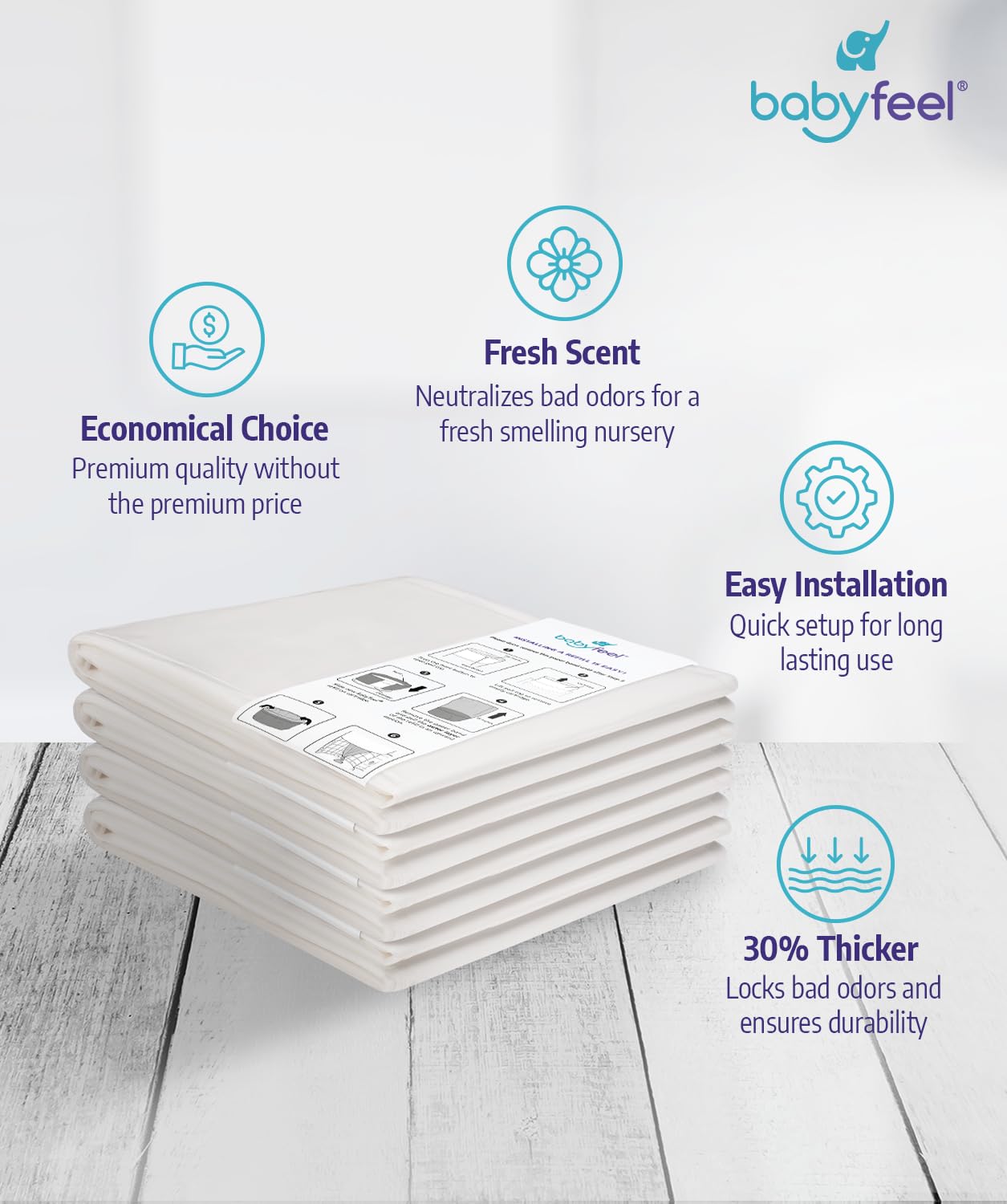 Babyfeel Refills Compatible with DEKOR PLUS Diaper Pails | 4 Pack | Exclusive 30% Extra Thickness | Diaper Pail Refills with Powerful Odor Elimination | Fresh Powder Scent | Holds up to 2320 Diapers