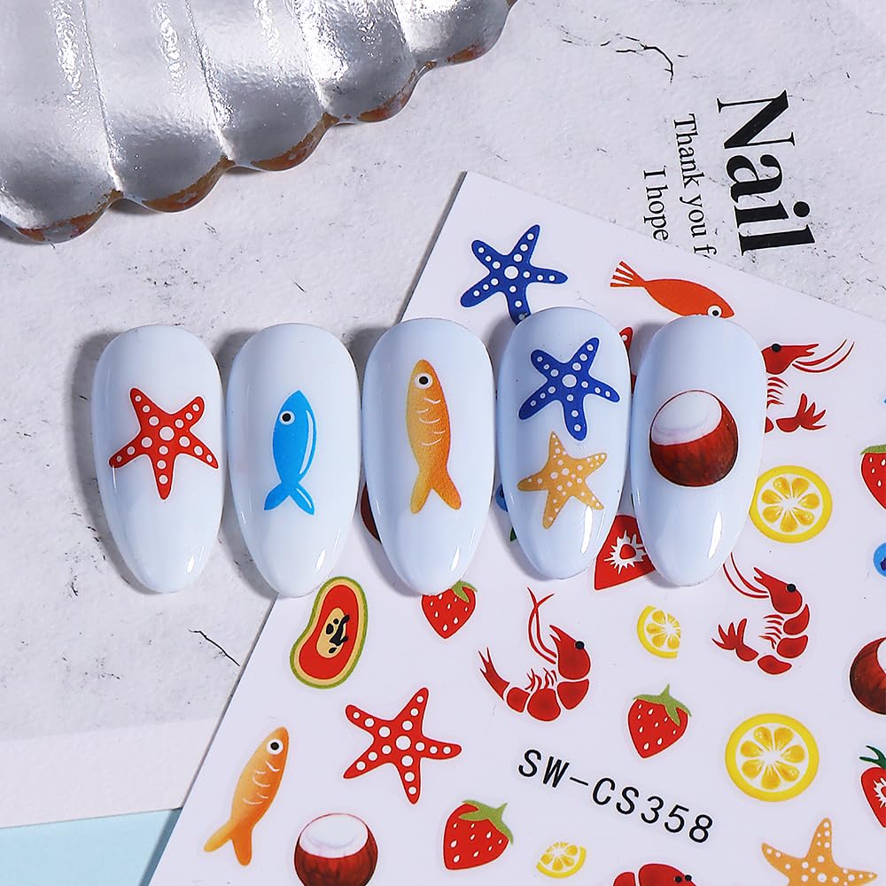Ocean Fish Starfish Nail Art Stickers Shell Goldfish Nail Art Decals 6Sheets Self-Adhesive Coconut Strawberry Lemon Stickers for Women Summer Ocean Fruit Nail Decorations Nail Art Supplies