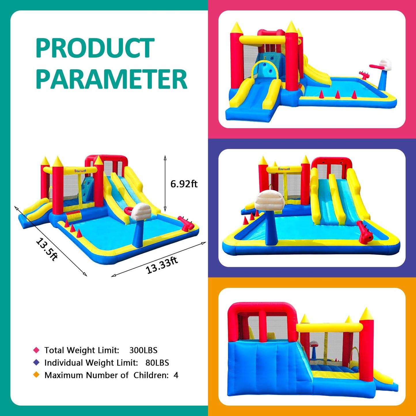 Inflatable Bounce House with Double Slide, Water Bounce Castle with Slide,Water Slide with Splash Pool, Water Cannon, Climbing Wall, Basketball Hoop, Backyard Water Slide for Kids