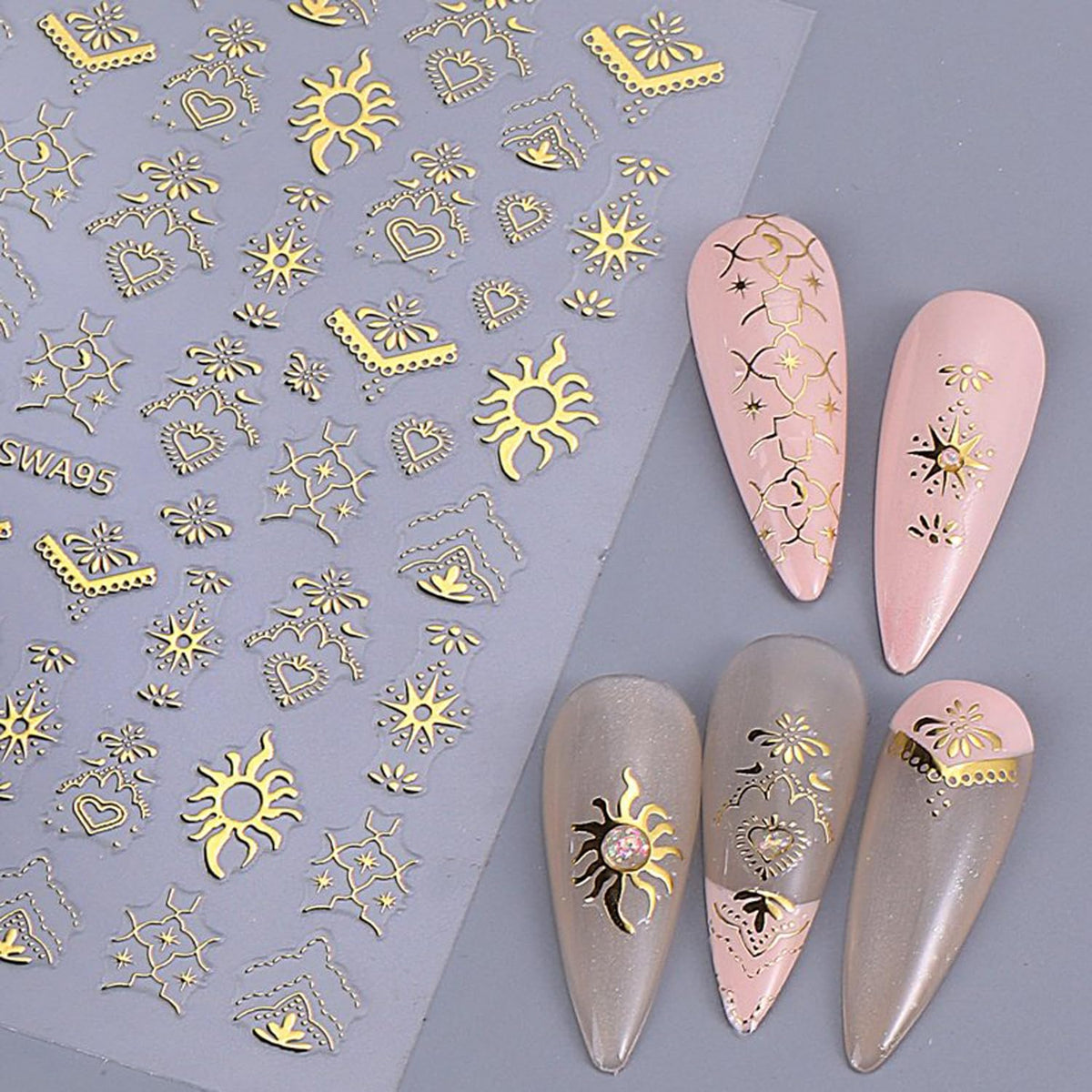 Gold Silver Nail Art Stickers Decals,4Pcs 3D Retro Sun Love Totem Star Moon Heart Designs, Stars Metallic Nail Supplies Embossed Self-Adhesive Slider Stickers for Women's DIY Manicure Decoration