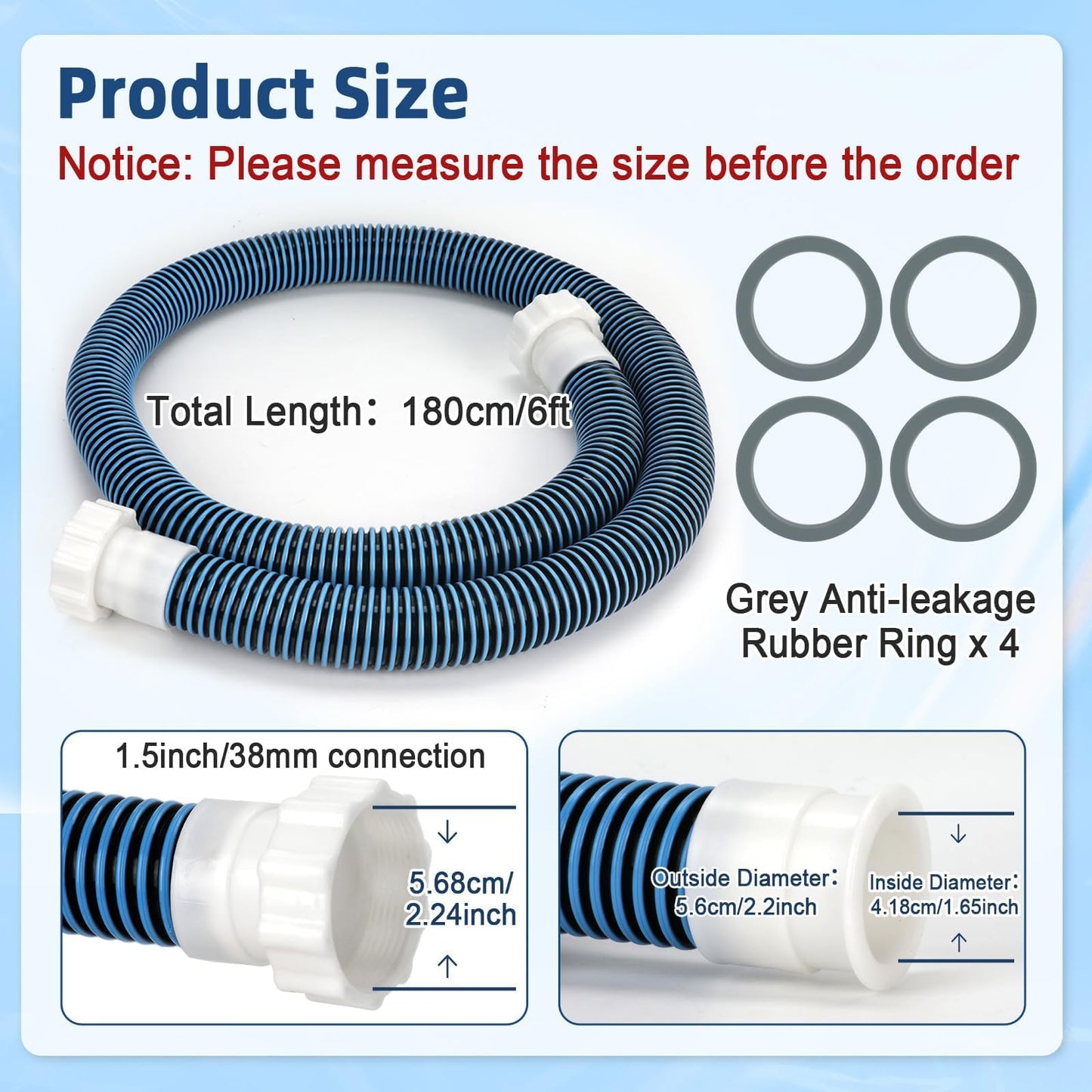 Conderyang 2 Pack 1 1/2 Pool Hose for Above Ground Pool 6ft Pump Replacement Hoses 1.5" EVA Heavy Duty Swimming Pool Hose for Above Ground, Filter Pumps, Saltwater Systems and Sand Filters (Blue)