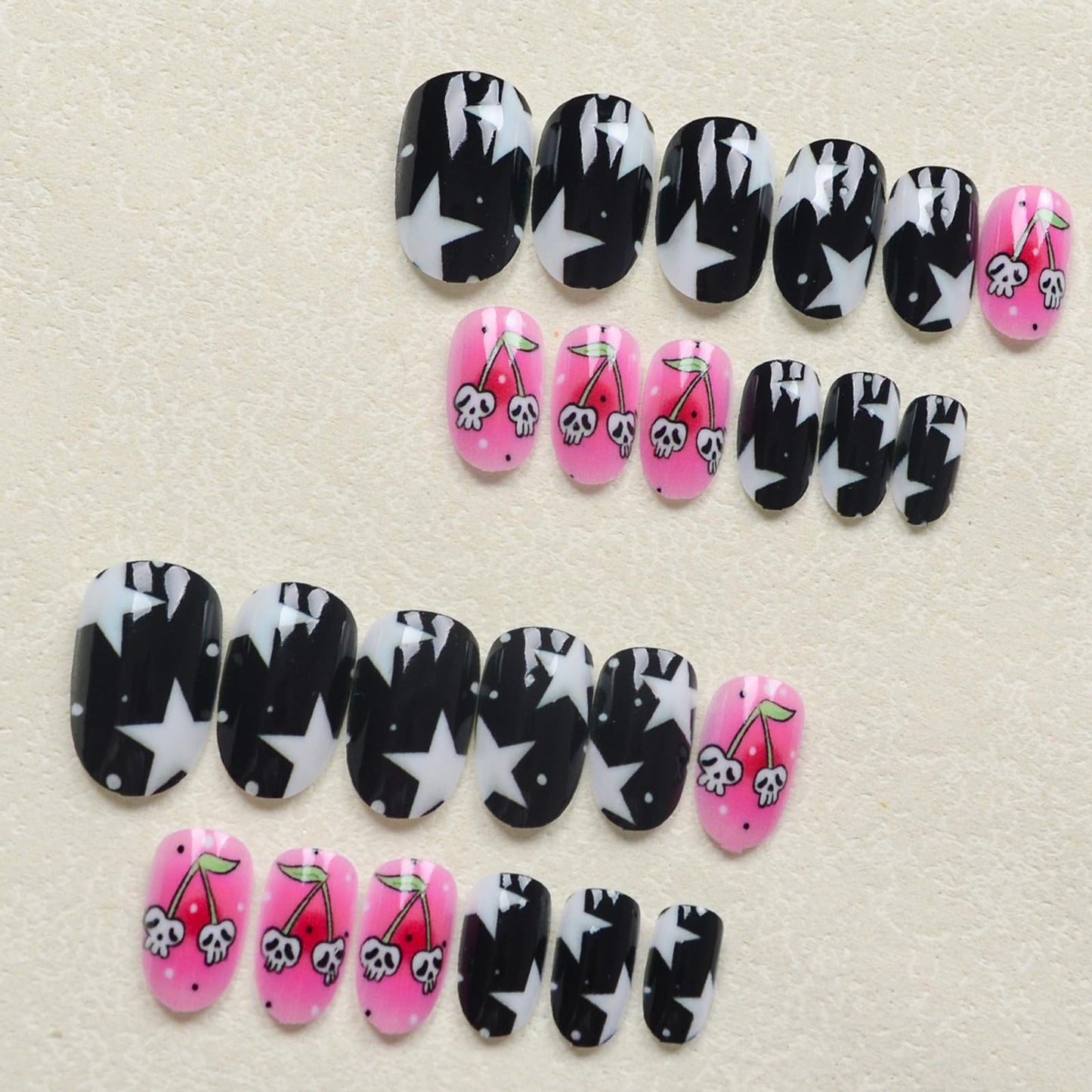 IMSOHOT Halloween Press on Nails - Short Oval Fake Nails, Pink Black, Cute Ghost Cherry Designs, Full Cover Round Acrylic False Nails for Women Girls 24Pcs