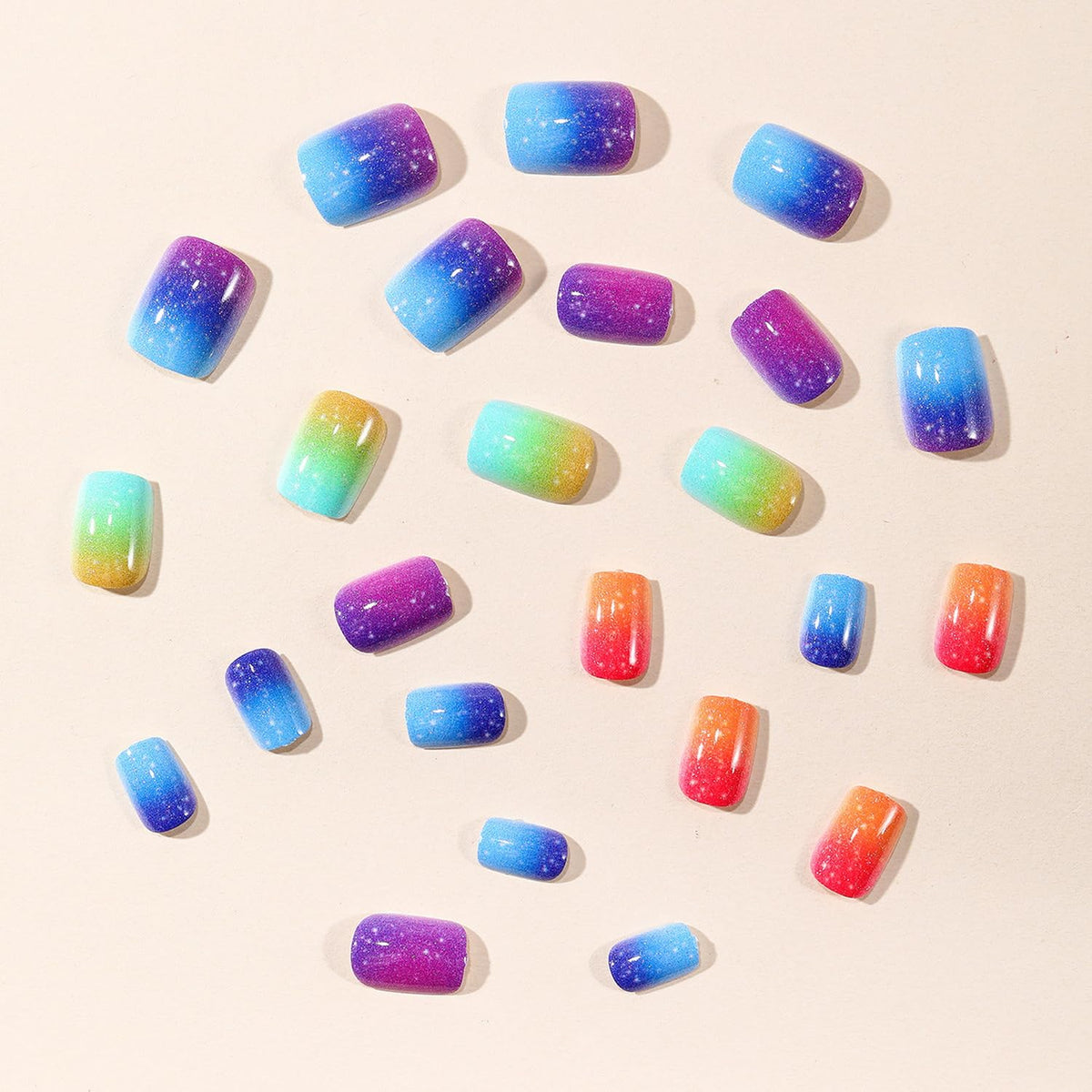 Colorful Press on Nail Short Square Fake Nails Full Cover Gradient Press ones with designs Stick on Nail Glossy Summer Glue on Nails Glitter Reusable False Nails for Women 24pcs