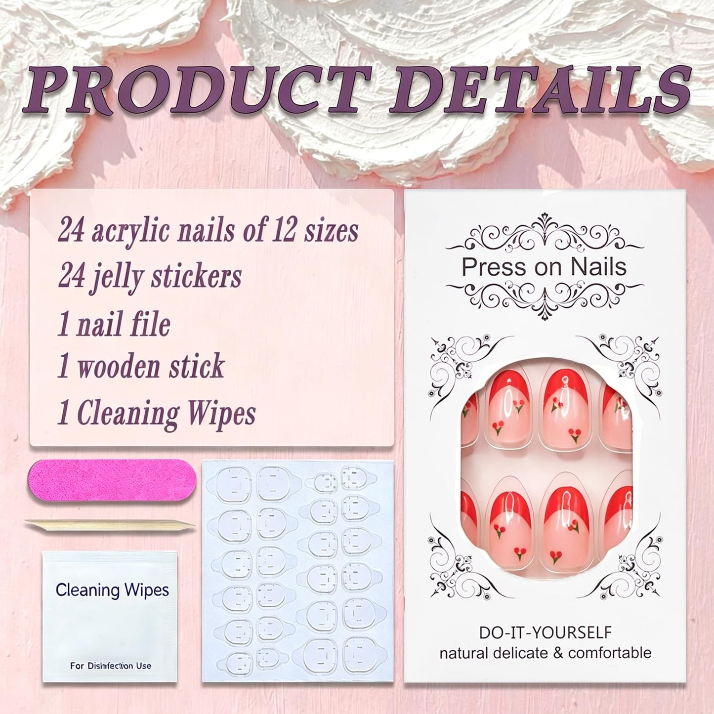 Cute Press on Nails Short Almond French Tip Fake Nails Full Cover Petite False Nails with Cherry Designs Red Glossy Glue on Nails Acrylic Nails Manicure Artificial Nails for Women Girls 24Pcs