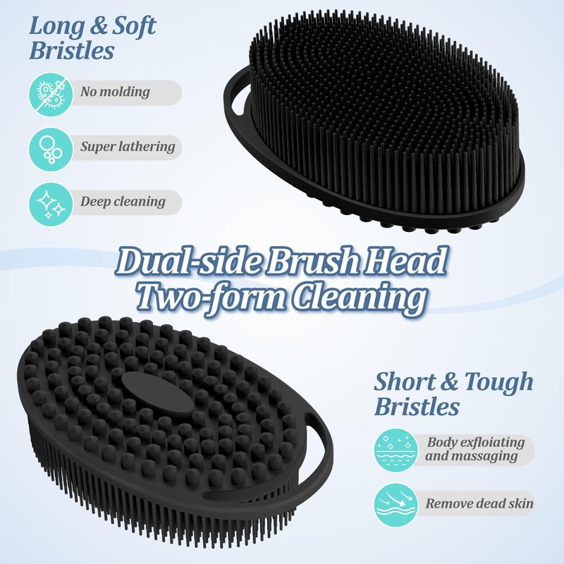 GEENOA Soft Silicone Body Scrubber 2PCS, 2-in-1 Bath & Shampoo Brush with Dual-Side Usage, Hygienic Silicone Loofah Shower Scrubber for Gentle Exfoliating & Good Lathering(Blackx2)