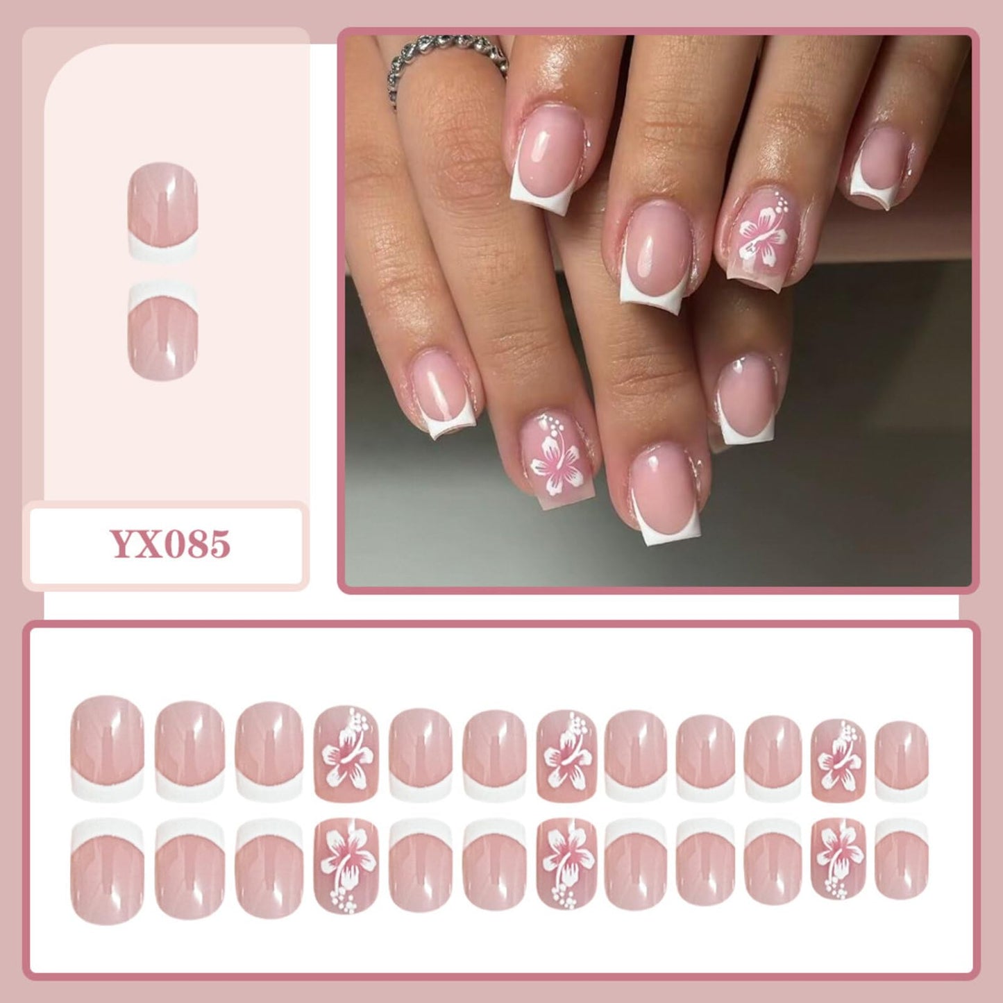 Floral Short Square Press on Nails Soft Nude Base Pink White Hibiscus Accents French Tips Glossy Finish Reusable Spring Nails Easy Apply Fashion Party Wear Durable Trendy Women Girls Nail Art 24 Pcs