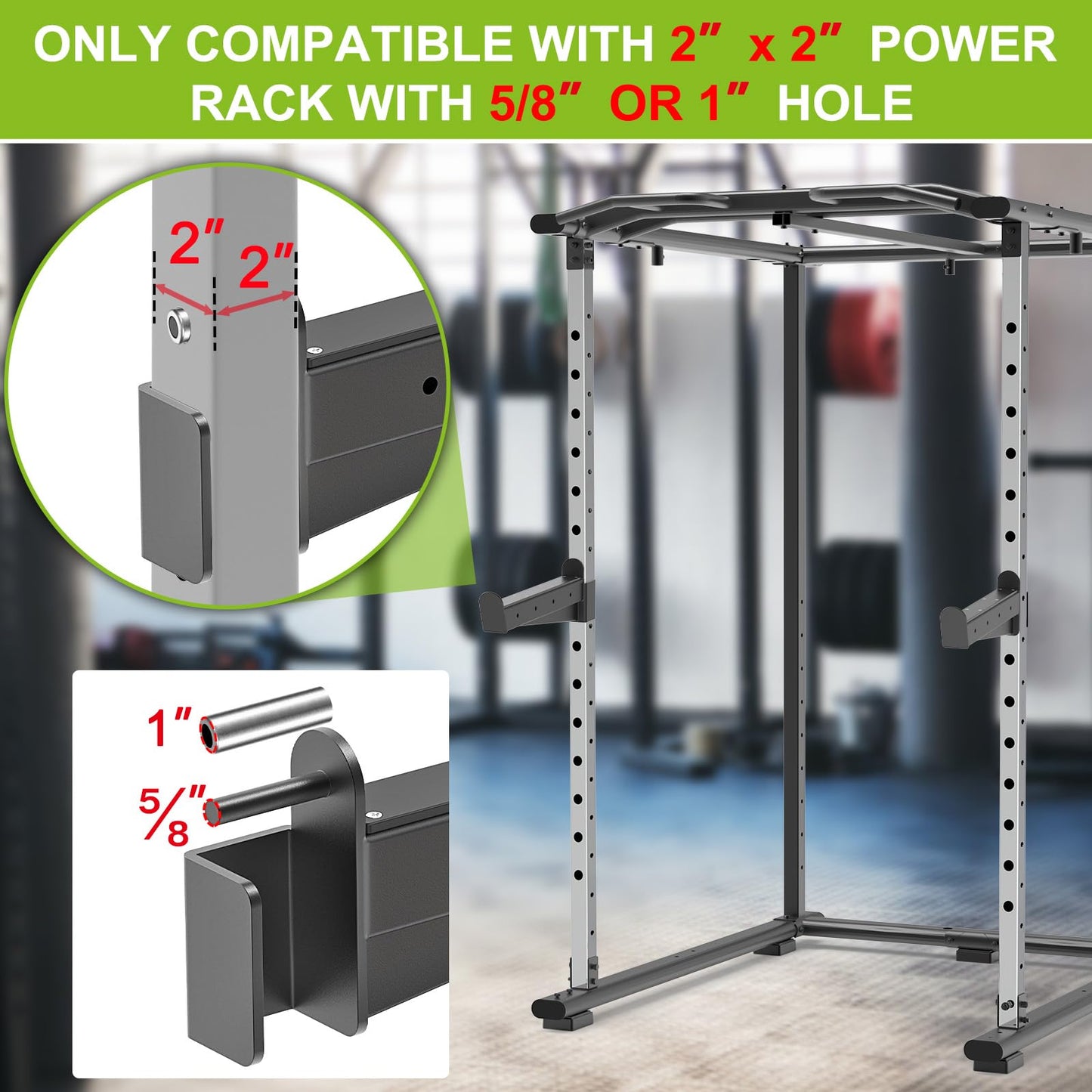Kipika Safety Spotter Arms for 2" x 2"" Power Racks with 5/8"" or 1"" Holes - Heavy Duty Barbell Safety Catches with Rubber Pad - Adjustable and Easy to Install - Set of 2"