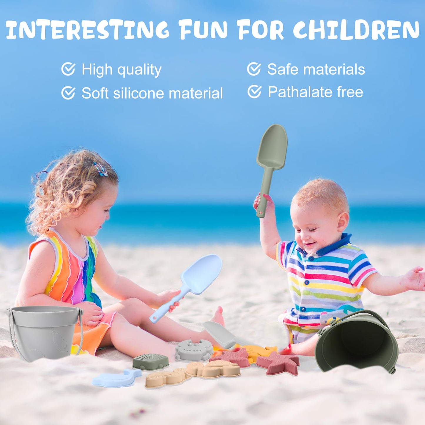 Hungdao 13 Pcs Silicone Beach Toys Travel Beach Set Sand Toys Including 3 Silicone Buckets 3 Shovels 6 Sea Creature Sand Molds 1 Bag for Kids Boys Girls Summer Pool Outdoor Bath(Green Gray Blue)