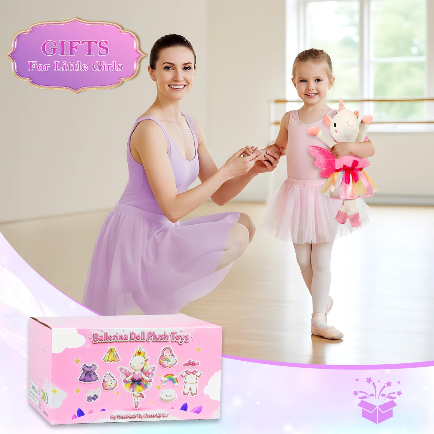 HUITEM Unicorn Toys for Girls Age 4-6, Ballerina Doll Stuffed Animal with 3 Set Clothes, Plush Bag, Accessories, 16 inch Unicorn Doll Toys Birthday Gift for 3 4 5 6 Year Old Little Girls