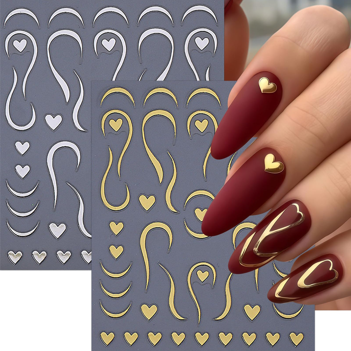 6 Sheets Valentines Day Nail Art Stickers 3D Bronzing Silver Gold Line Heart Nail Stickers Swirl Stripe French Style Nail Decals Valentines Peach Hearts Manicure Supplies for Women Nail Decoration
