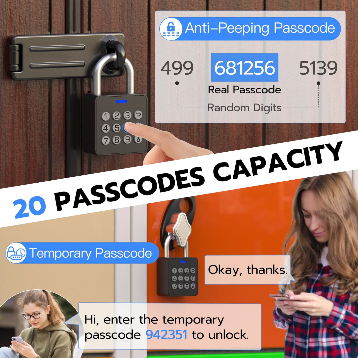 Combination Lock eLinkSmart Gym Locker Padlock with 9 Digit Push Button Password Fingerprint APP Unlock Keyless Biometric Security Metal Padlock for Gym and School Lockers Storage Tool Box