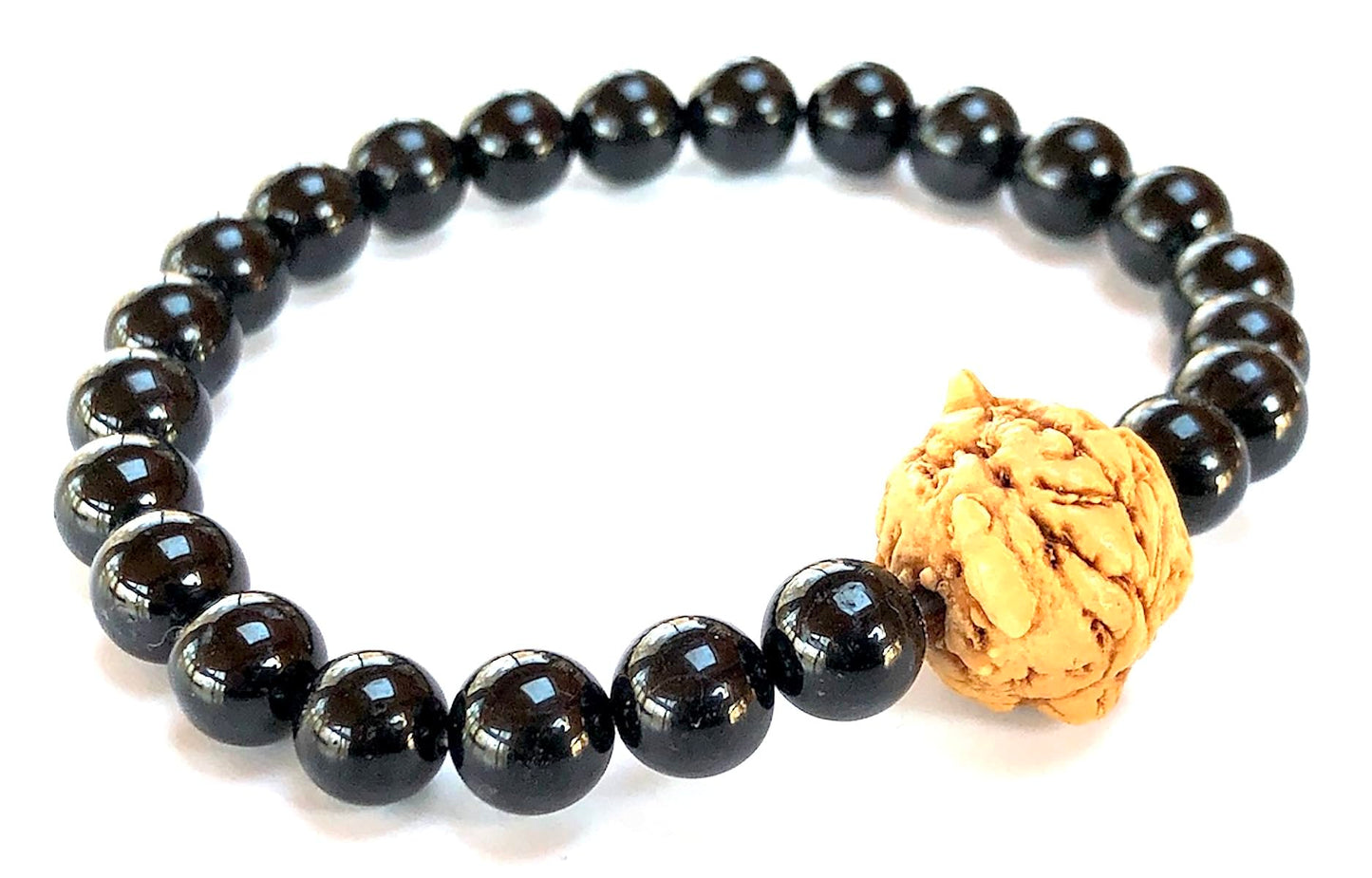 AWAKEN YOUR KUNDALINI Black Tourmaline & Bodhi Satva Bead Stretch Bracelet – 8mm & 14mm (Wrist Size 7.5 Inches)