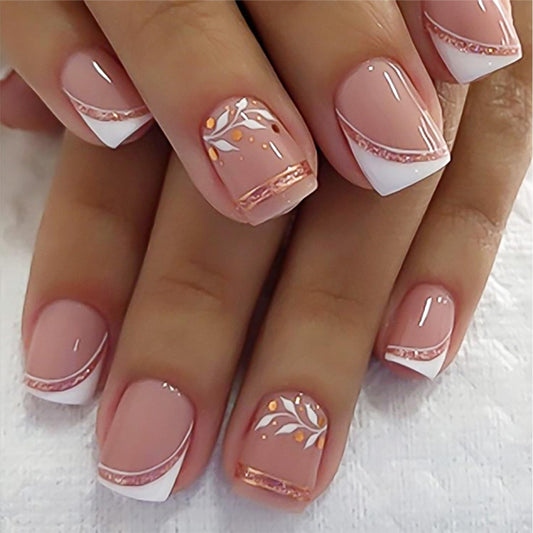 Taoyisent Nude Pink French Short Square Press On Nails, Short Square Fake Nails with Rose Gold Lines and Floral Design, Elegant Reusable Press On Nail Kit for Women, 24PCS French Manicure Set