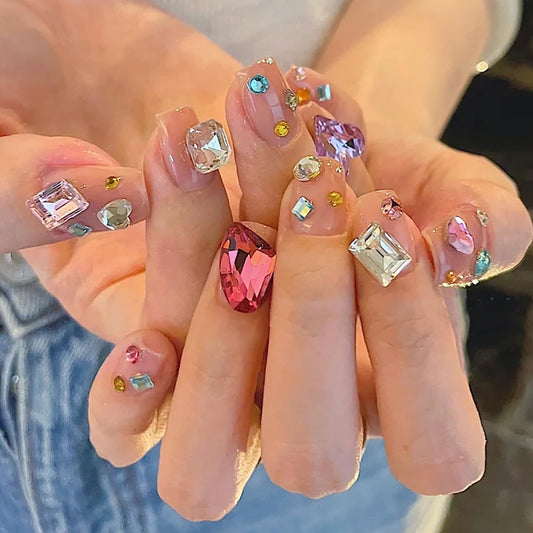 Vezocim Press on Nails Square Short Pink 24Pcs Press on Nails with Heart Rhinestone Gems Designs Glossy Full Cover Acrylic Short Coffin False Nails Glue Fingernails Artificial Fake Nails for Women