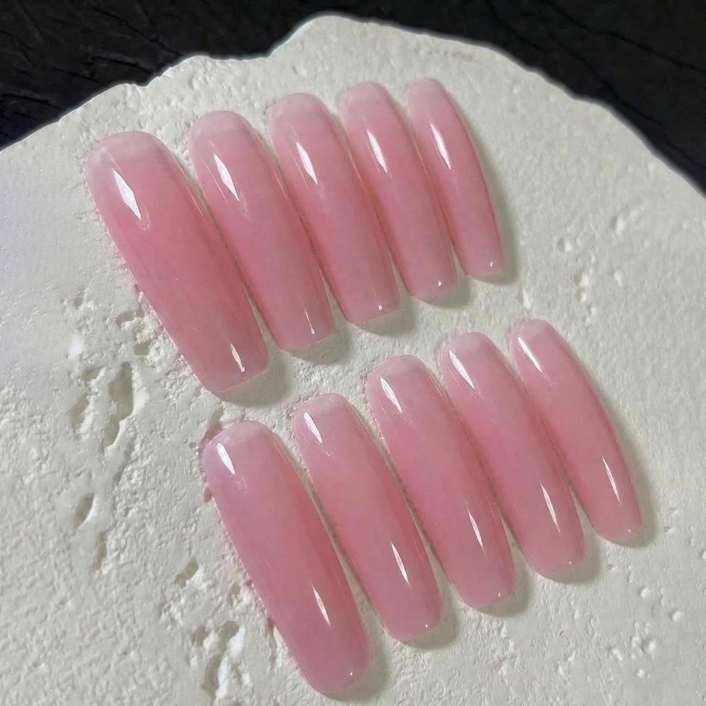 IMSOHOT Long Curved Press on Nails, Square Jelly Nude Pink Fake Tips with Glue, 20Pcs Full Cover Sheer French Design, Clean Girl Aesthetic Acrylic Glue-ons