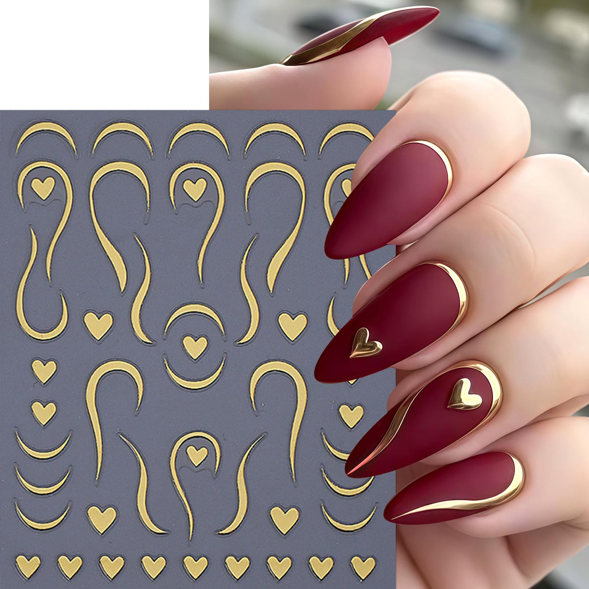 6 Sheets Valentines Day Nail Art Stickers 3D Bronzing Silver Gold Line Heart Nail Stickers Swirl Stripe French Style Nail Decals Valentines Peach Hearts Manicure Supplies for Women Nail Decoration
