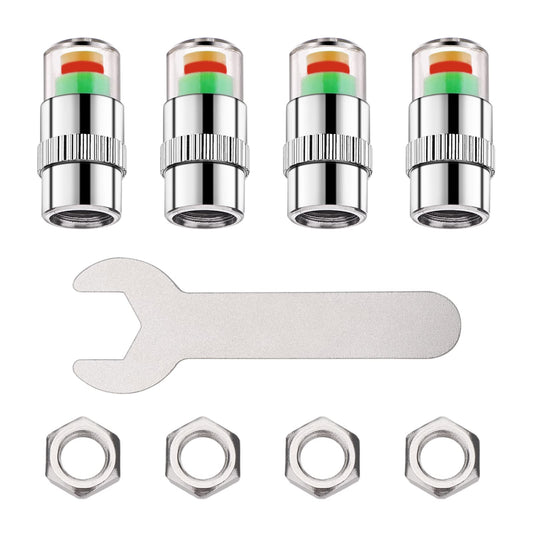 cobee Car Tire Pressure Monitor Valve Stem Caps, 4 Pcs Universal Tyre Sensor Indicator Tire Valve Caps + 4 Pcs Anti-Theft Nut + Wrench, 3 Color Eye Alert Pressure Monitor Gauge Sensor Indicator
