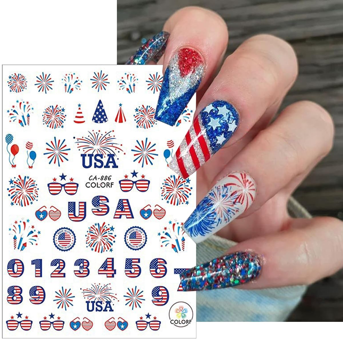 6Pcs Independence Day Nail Stickers for Nail Art - Celebrate 4th of July Nail Decals 3D Self-Adhesive USA Flags Heart Star Bow Eagle Design Firework Sticker for Memorial Day DIY Patriotic Nail Decor