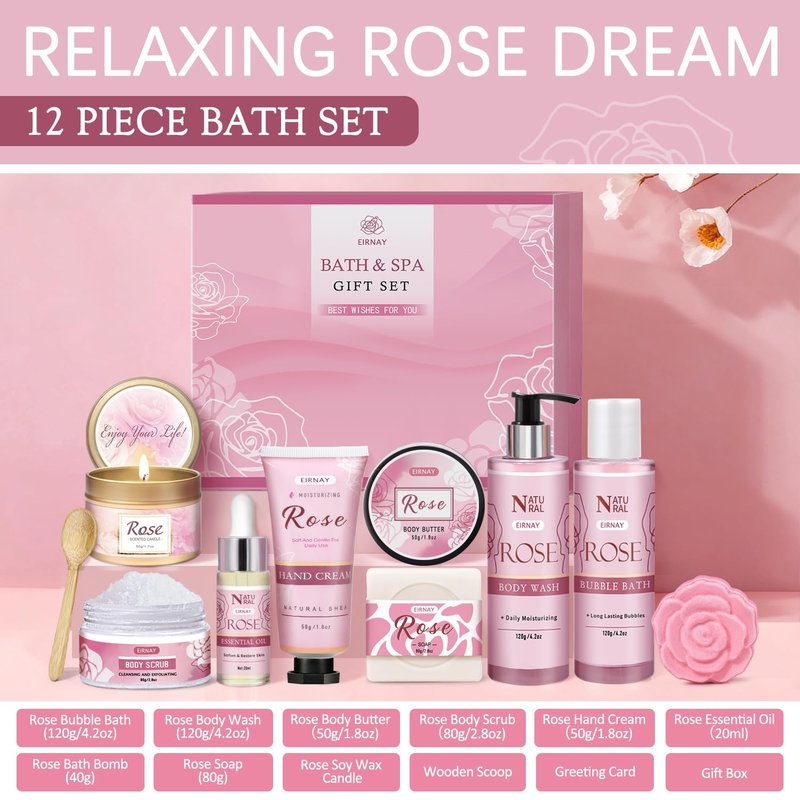 Gifts for Women, 12 PCS Birthday Gifts for Women Rose Relaxing Spa Basket Self Care Package for Her Mom Sister Wife Friend Unique Mothers Day Valentine Gift Ideal