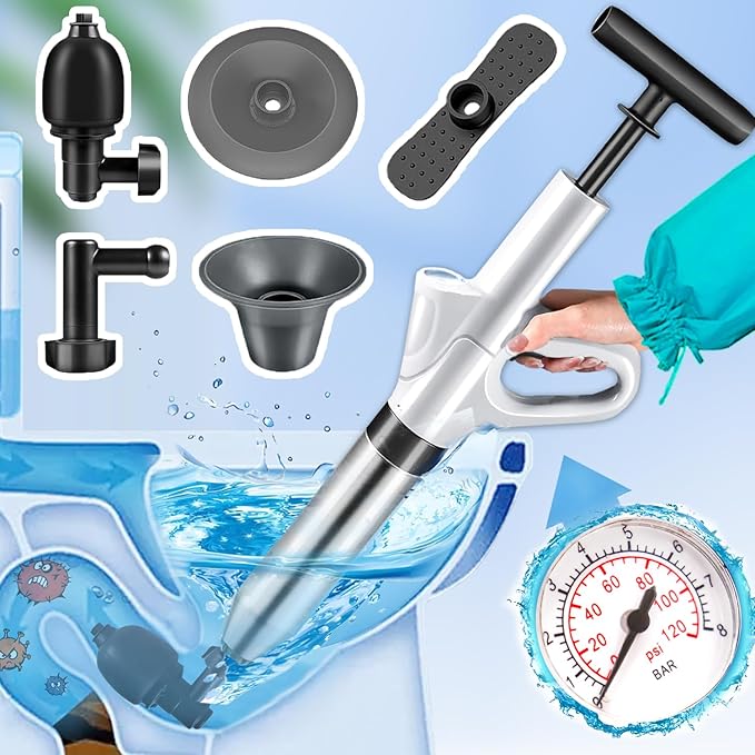 Unclog Toilet Plunger - Drain Clog Remover, High-Pressure Air pump plunger, Drain Blaster with Real-Time Barometer Drain Snake Sink Plunger Plumbing Tools, Plungers for Bathroom, Toilet unclogger