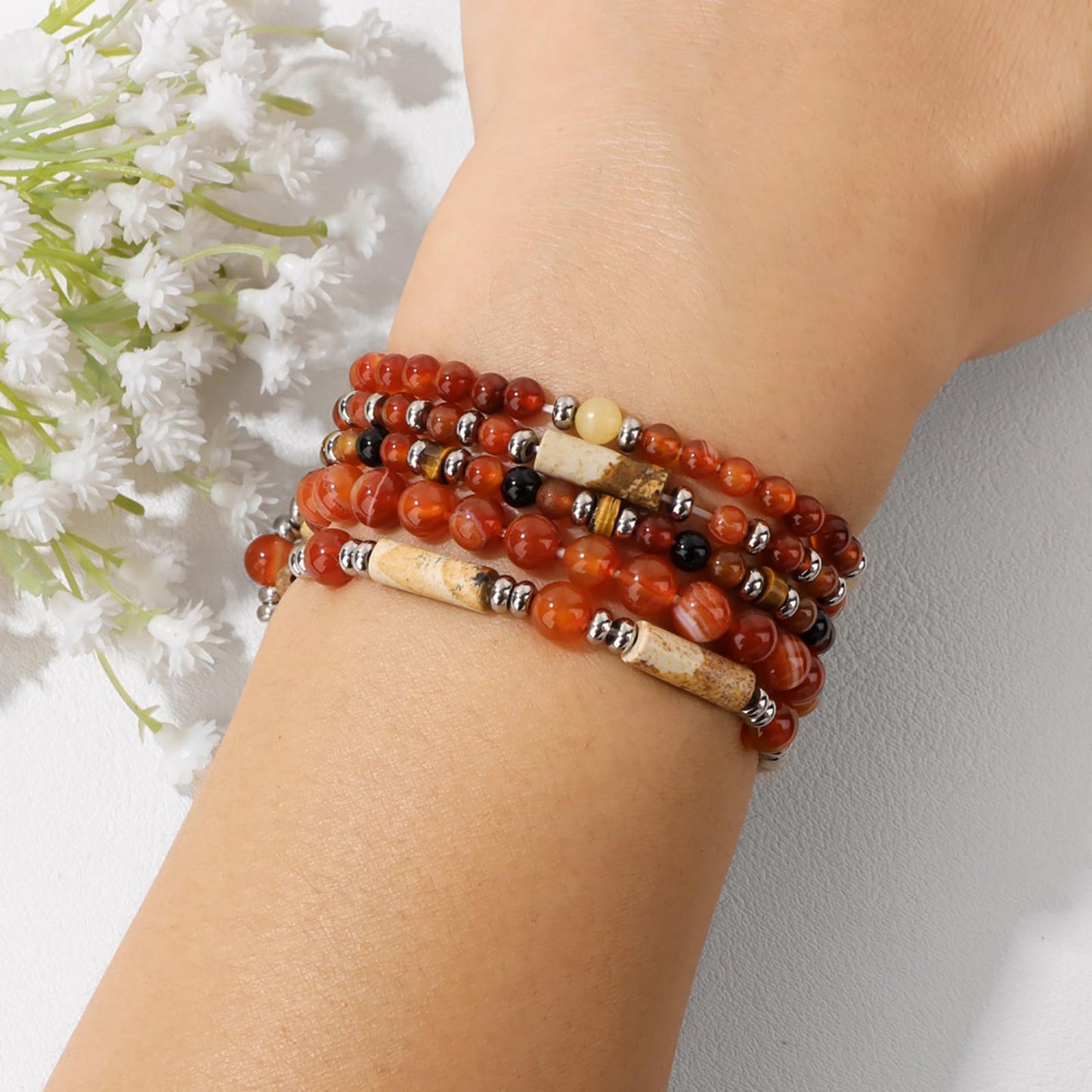Lit Wall 5Pcs Rose Quartz Bracelet Set: 4mm Stackable Pink Crystal Beaded Bracelets for Women