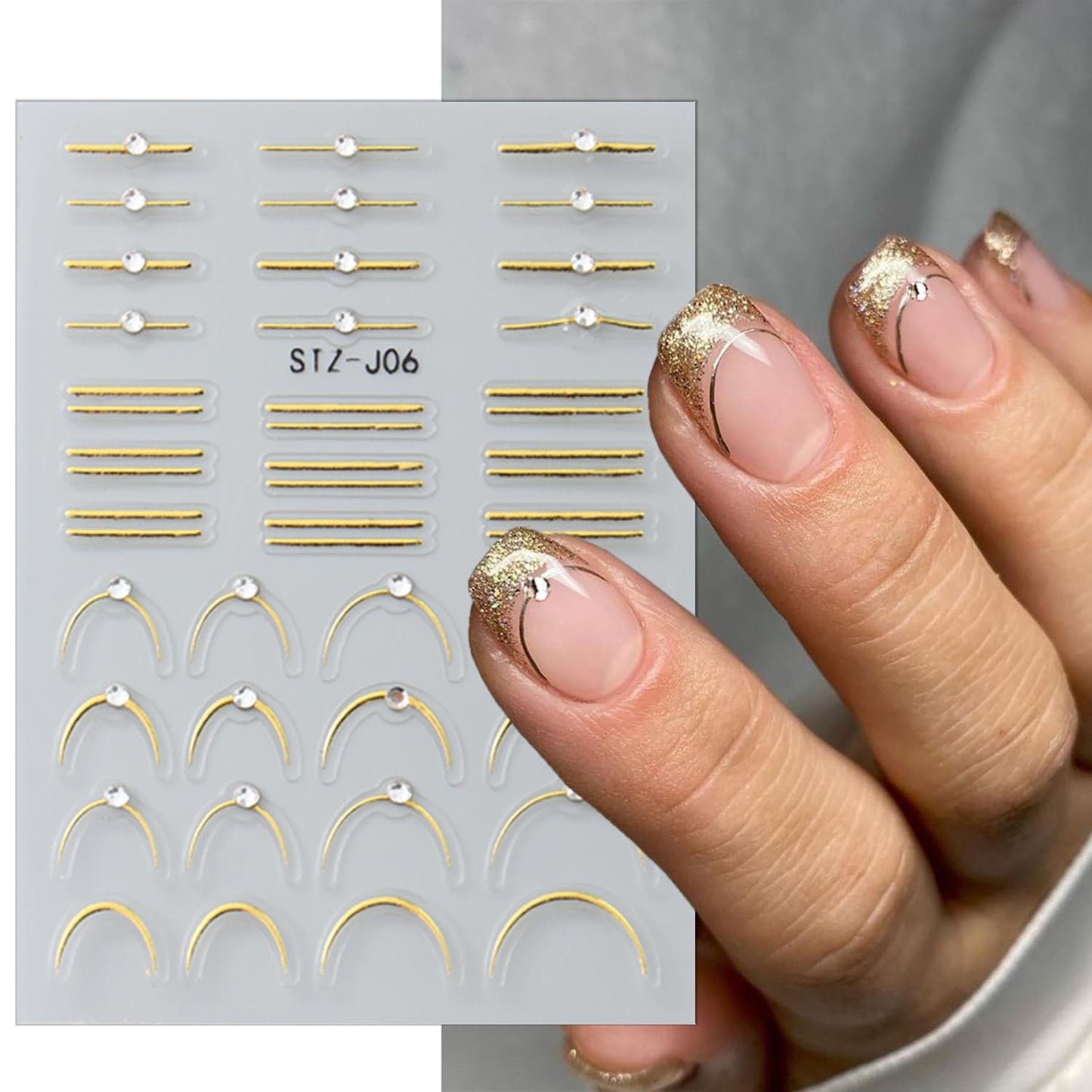 2 Sheets French Tip Nail Stickers for Nail Art Gold Silver French Nail Art Stickers with Crystal Diamond 5D Self-Adhesive Nail Supplies Embossed Line Nail Decals for Women DIY Manicure Decoration