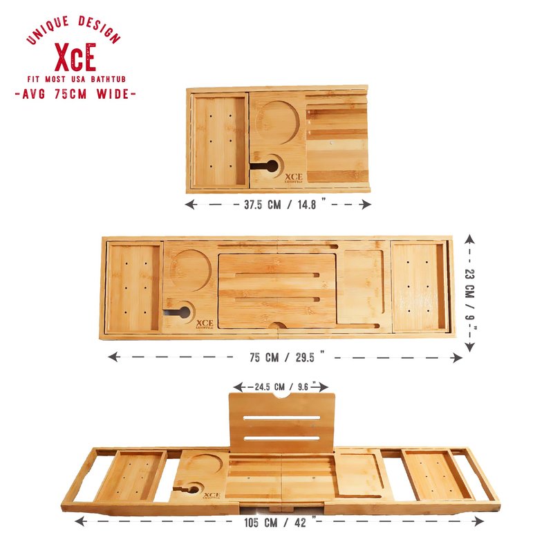 XcE Foldable Acacia Wood Bathtub Caddy Tray - Expandable to 40 Inches with Non-Slip Pads for Couples Luxury Bath