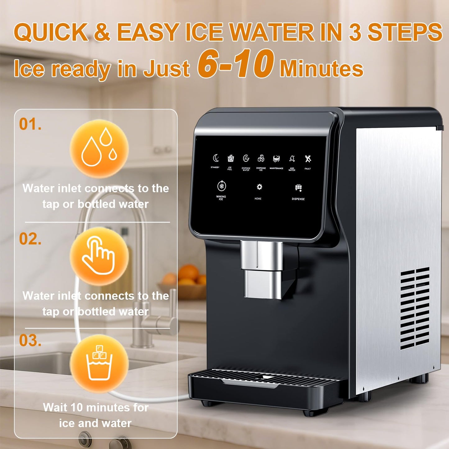 Nugget Ice Maker Countertop, 50LBS/24H, 5LBS Storage, 2-in-1 Ice Maker & Water Dispenser, Soft Chewable Pellet Ice, Stainless Steel, Self-Cleaning for Home Kitchen Office Bar