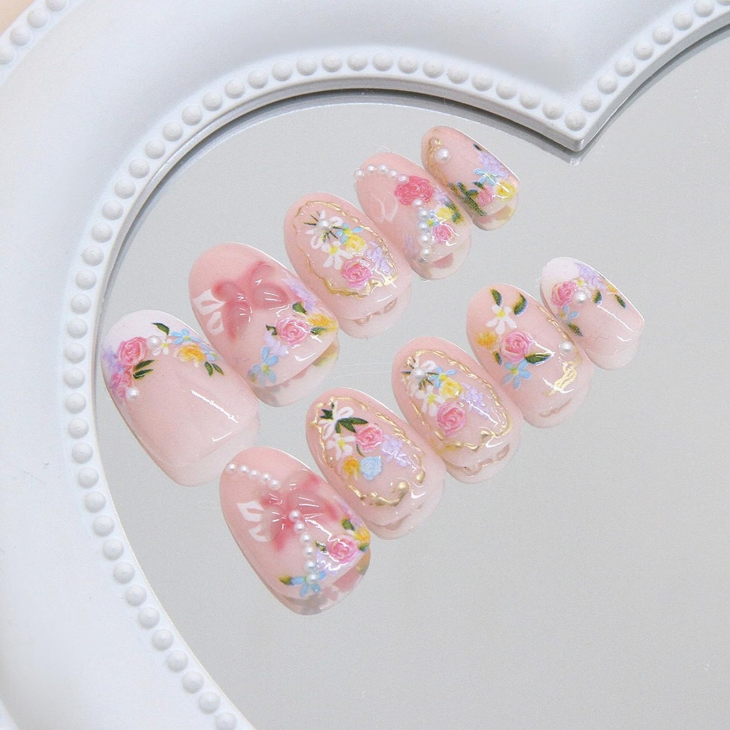 White French Tip Press on Nails Short Oval SWEKKE Fake Nails Floral False Nails with Gold Curve Line Rose Bow Pearls Designs Cute Glossy Glue on Nail Acrylic Nail for Women Girls 24Pcs