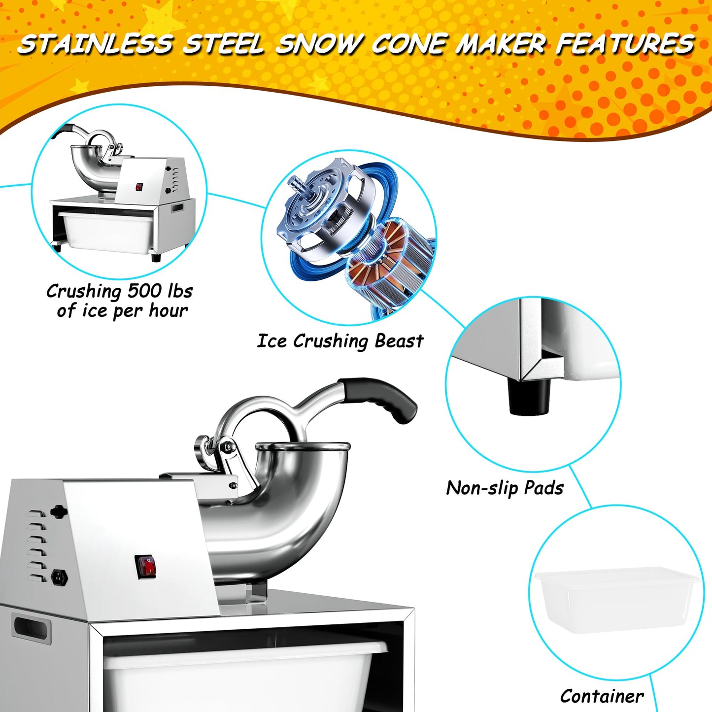 VNN Commercial Shaved Ice Machine - Electric Snow Cone Machine, Suitable for Party Activities, Family Gatherings, Events