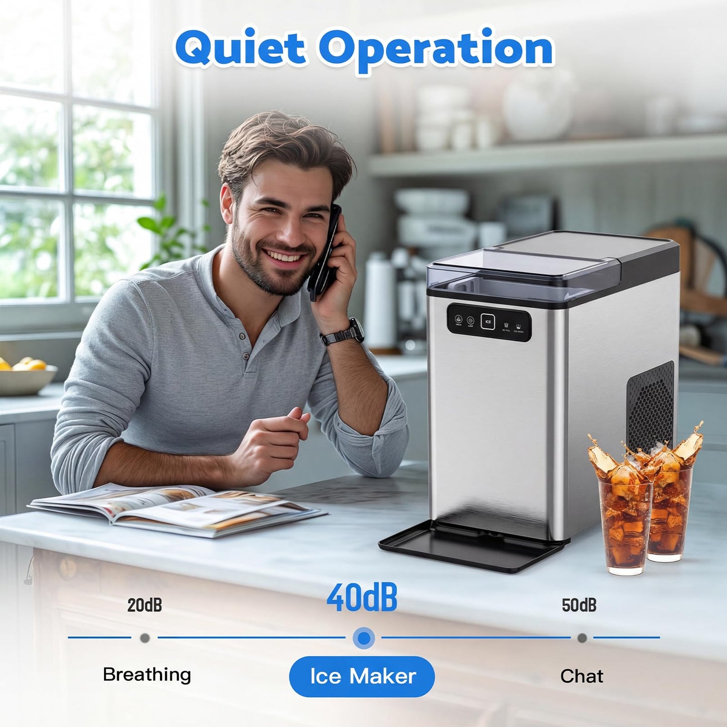 MOMOKOVA Nugget Ice Maker Countertop,Pellet Ice Machine Chewable Ice 40Lbs/Day,Ready in 5 Mins, Self-Cleaning,Compact Crushed Ice Maker with Scoop for Home/Kitchen/Office, Stainless Steel
