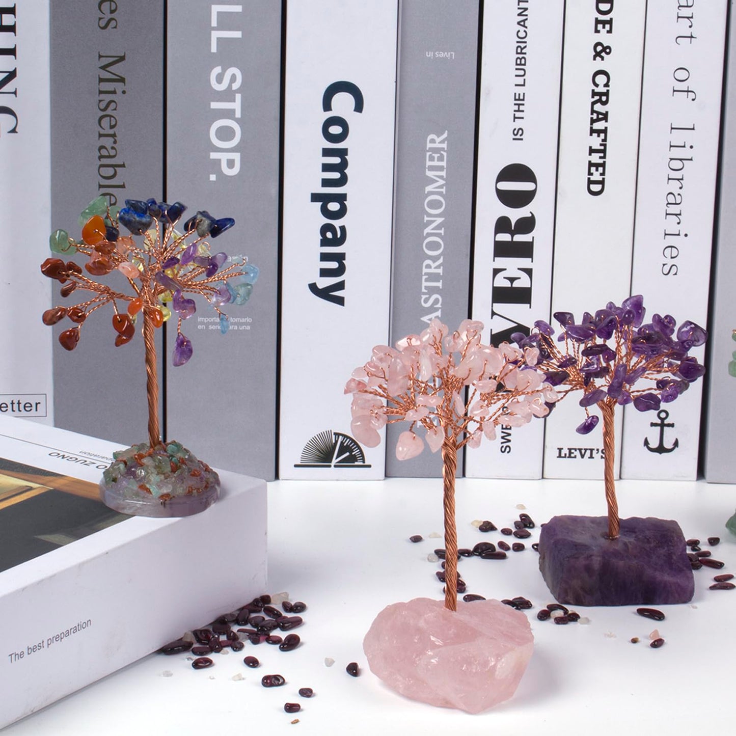 Ytbeoxk Rose Quartz Healing Crystal Tree，Natural Reiki Life Stone Base Copper Wire Tree Decor， Feng Shui Spiritual Energy for Pink Home Office Desk ， Ideal Meditation Gift for Women Men