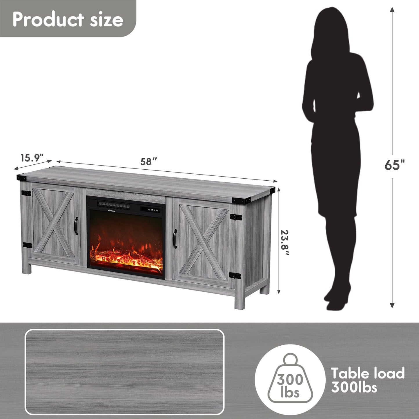 YESHOMY Fireplace TV Stand with Two Barn Doors and Storage Cabinets for Televisions up to 65+ Inch, Entertainment Center Console Table, Media Furniture for Living Room, 58 Inch, Gray Wash