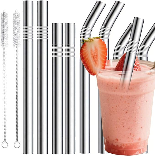 Stainless Steel Smoothie Straws, 0.4'' Extra Wide Reusable Metal Drinking Straws for Milkshake, Smoothie, Beverage, Set of 8 with 2 Cleaning Brush