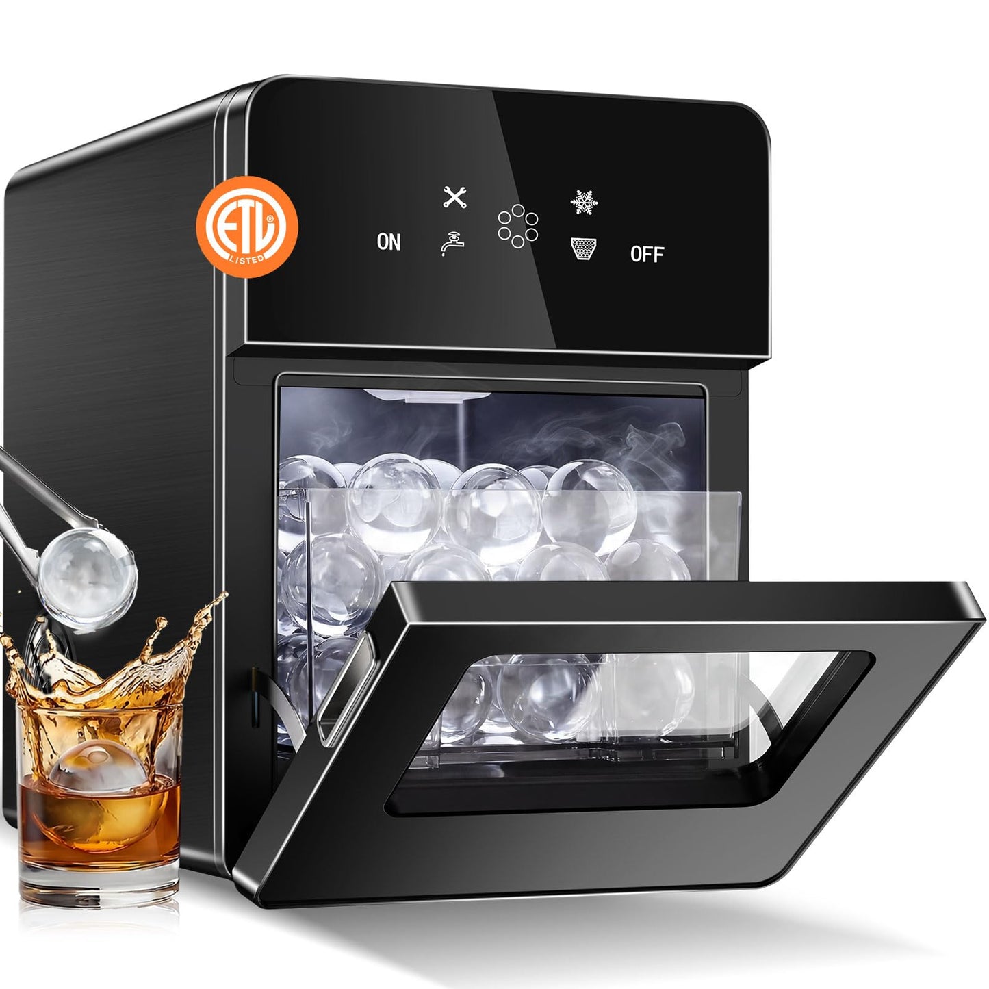 SOZT® 2" Ice Ball Maker Countertop, 4Pcs Ready in 40Mins, 144Pcs/Day, Sphere Ice Maker Machine with Self-Cleaning, Auto & Manual Fill, Round Ice Cube Maker for Home Bar Whiskey Bourbon