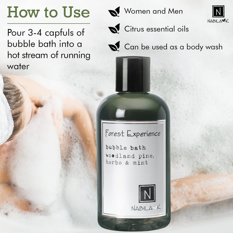 Nabila K Forest Experience Bubble Bath with Pine, Herbs & Mint | Natural & Organic, Sulfate-Free, Tear-Free | Luxury Aromatherapy Bath Soak for Sensitive Skin | for Women & Men, 16 oz