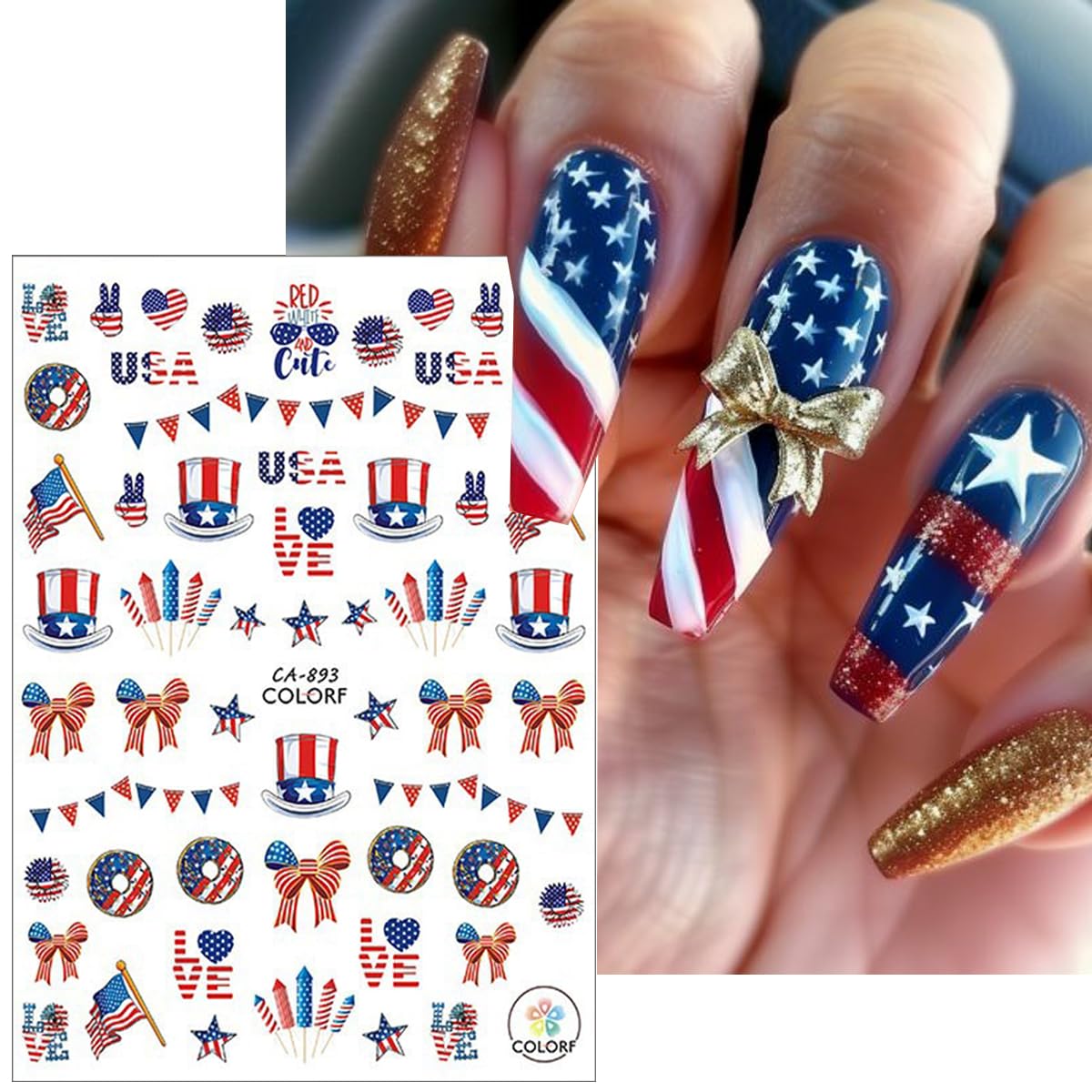 6Pcs Independence Day Nail Stickers for Nail Art - Celebrate 4th of July Nail Decals 3D Self-Adhesive USA Flags Heart Star Bow Eagle Design Firework Sticker for Memorial Day DIY Patriotic Nail Decor