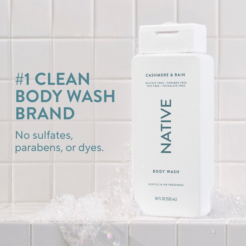 Native Cashmere & Rain Scent 24-Hr Refreshing Clean Body Wash for Men & Women, for All Skin Types Incl. Sensitive, Leaves Skin Feeling Clean & Soft, Free of Phthalates, Sulfates & Parabens, 18 oz