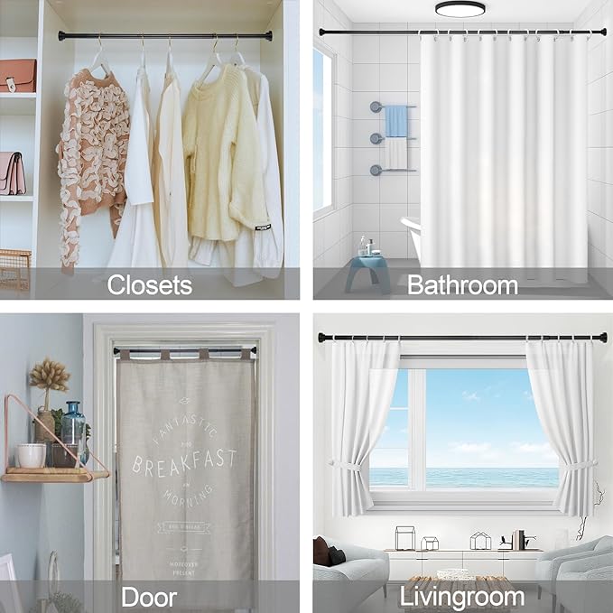 Thestoa Shower Curtain Rod Adjustable 43-66 inch, 1"Diameter Spring Tension Curtain Rod No Drill, Anti-Rust Non-Slip Shower Rod, Black Shower Curtain Rod for Bathroom Tension