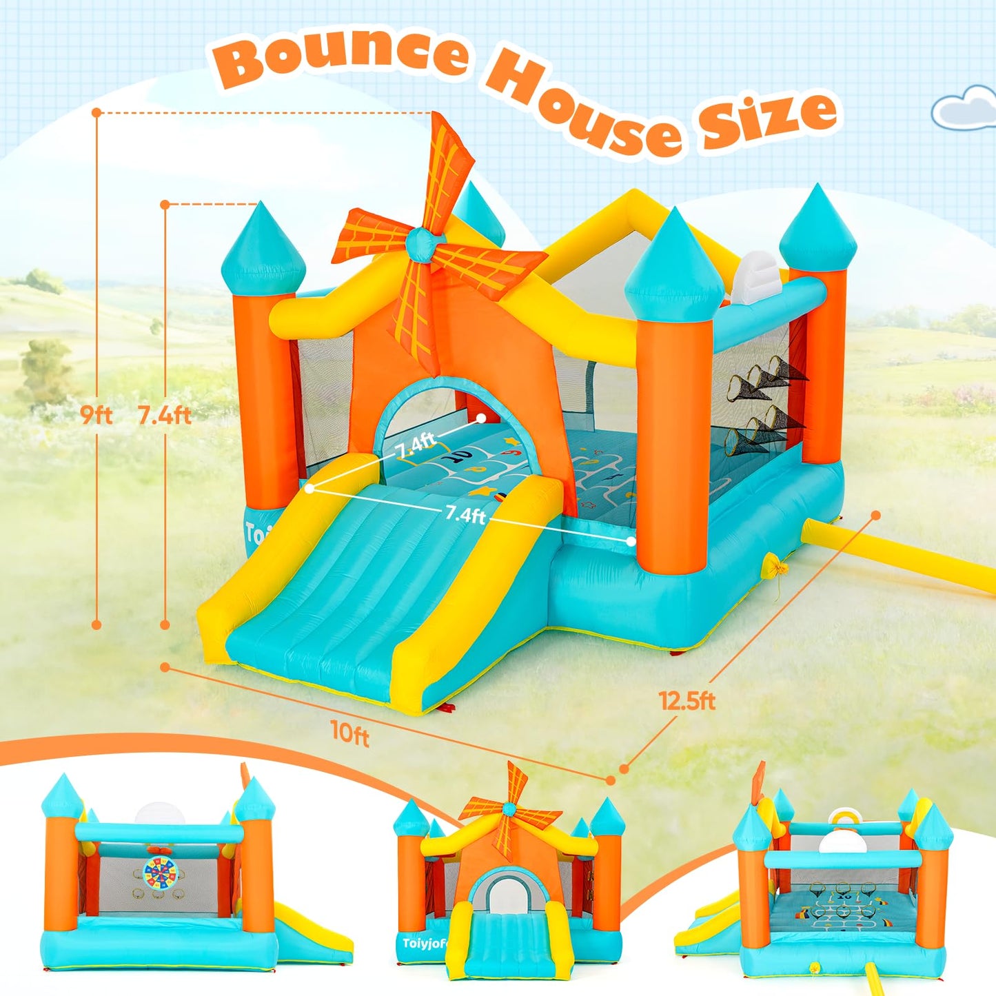 Bounce House for Big Kids 5-10, Large 12.5 × 10FT Windmill Inflatable Bouncy Castle, with Slide & Dual Basketball Hoops & Spacious Jump Area, Outdoor Backyard Birthday Party, with 550W Blower