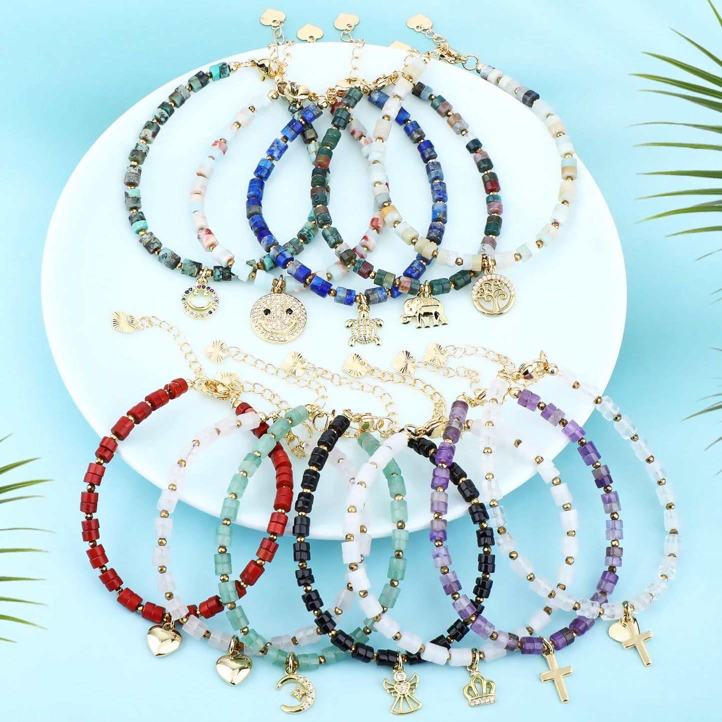 Natural Gemstone Healing Crystal African Turquoise Dainty Charms Happy face Bracelet Adjustable Chain Extender Minimalist Jewelry